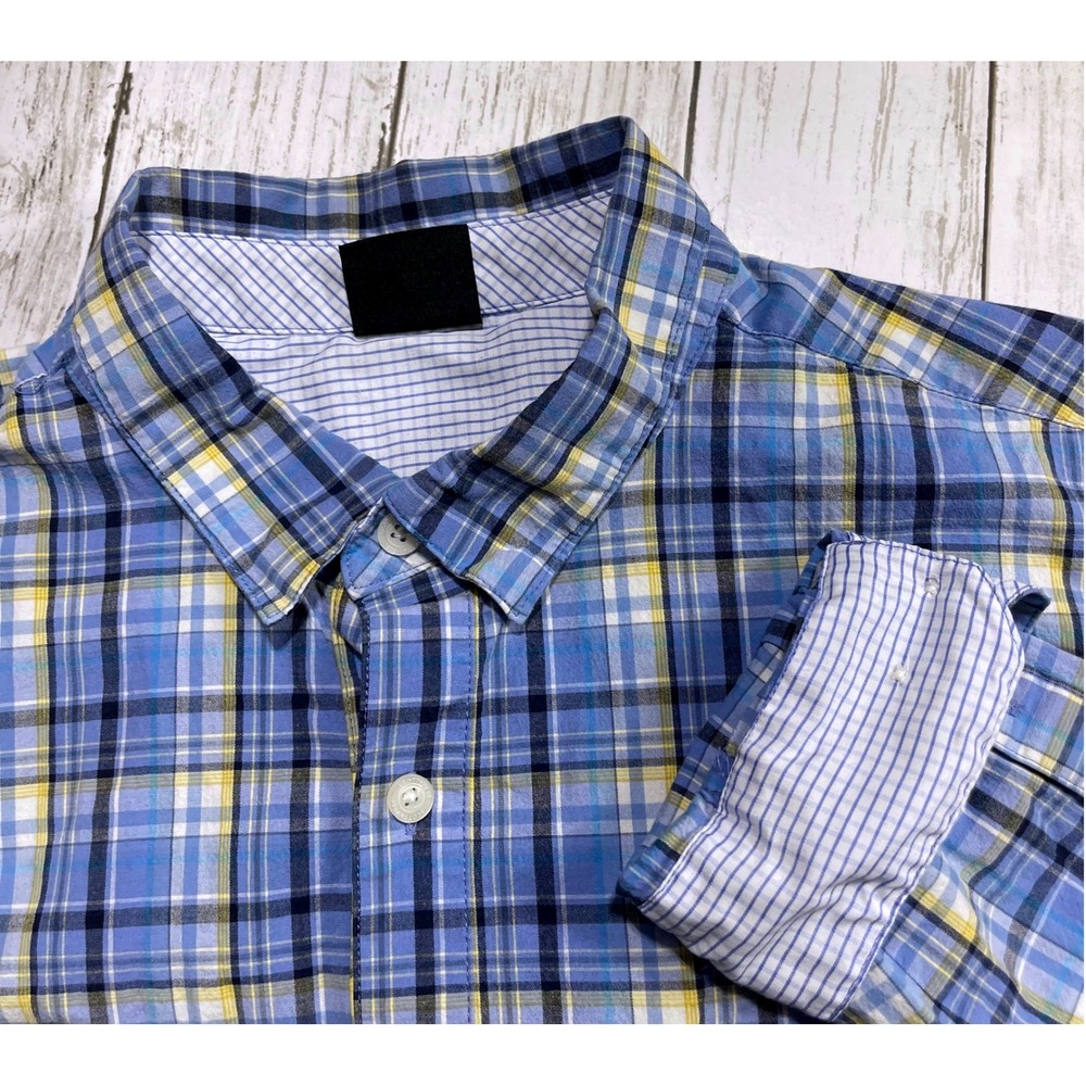 Scottevest Button Up Shirt Men's XL Plaid Travel Hidden Pocket Blue